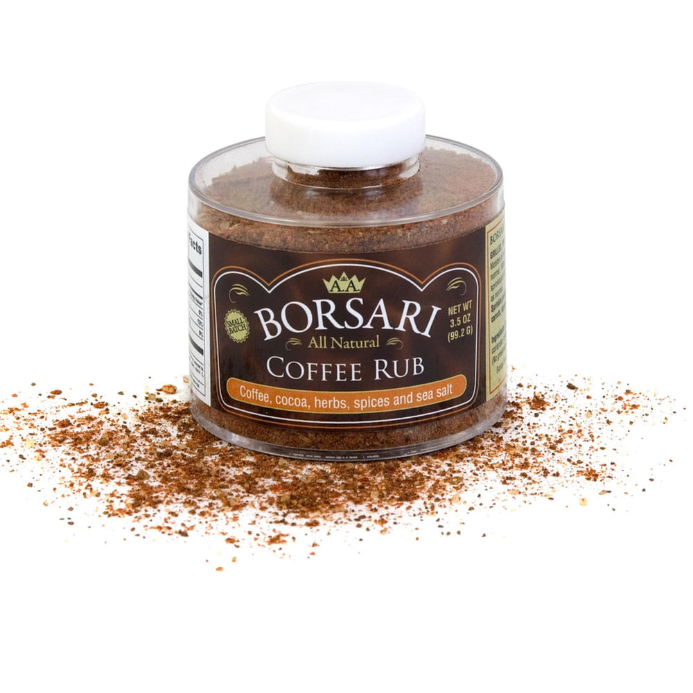 Borsari Coffee Rub bottle closeup highlights rich aroma for grilling.