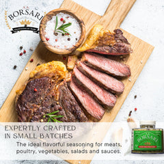 Borsari Savory Seasoned Salt Blend packaging highlights all natural ingredients for clean flavor.
