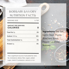 Borsari Savory Seasoned Salt Blend shaker top shows easy, even sprinkling for quick flavor boosts.