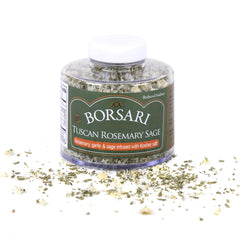 Borsari Tuscan Rosemary Sage bottle with pour spout ready for seasoning meals.