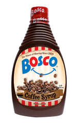 Bosco Coffee Syrup bottle pour showing rich, dairy-free flavor for coffee drinks.