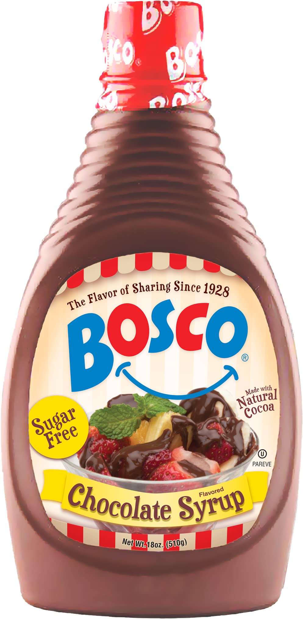 Bosco Sugar Free Chocolate Syrup bottle with rich cocoa for sugar-free desserts.
