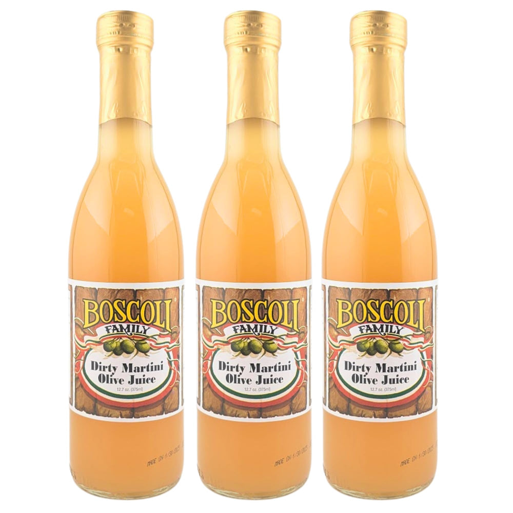 Boscoli Dirty Martini Olive Juice bottle highlights premium brine for flawless cocktails.