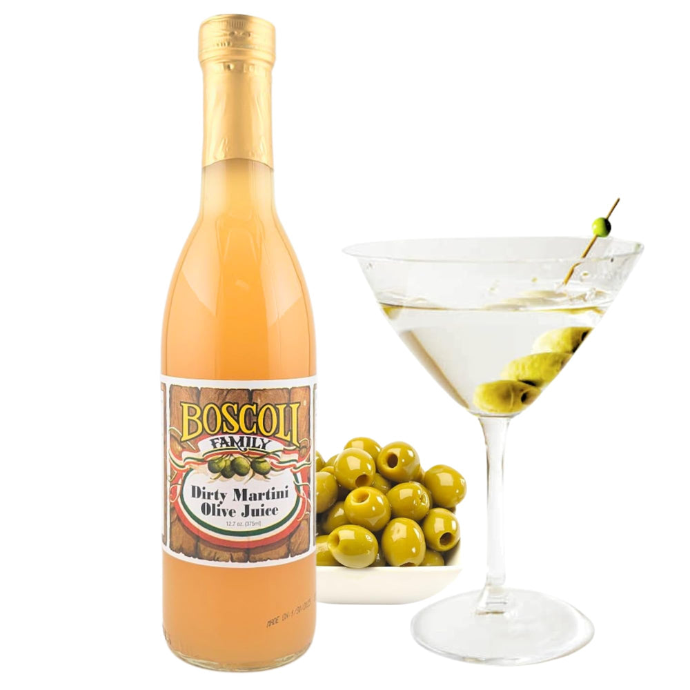 Boscoli Family Dirty Martini Olive Juice bottle for premium cocktails.