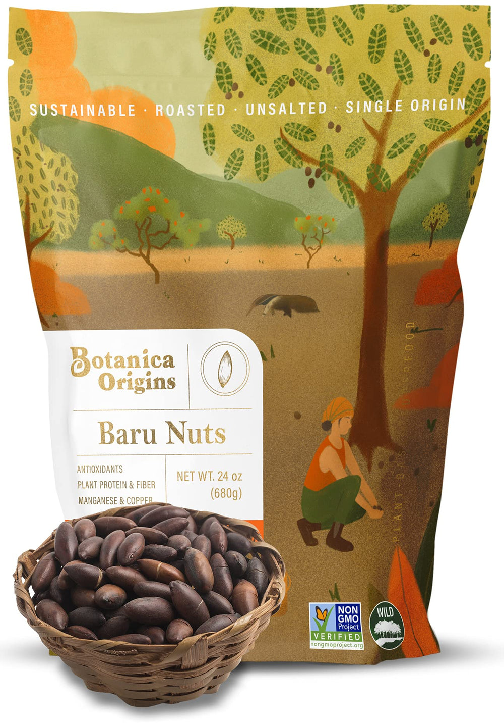 Botanica Origins Baru Nuts roasted jar, a crunchy unsalted snack for mindful snacking.