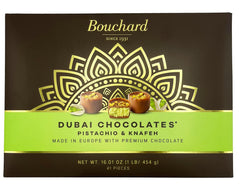 Bouchard Dubai Pistachio chocolates closeup with nutty richness and premium cocoa