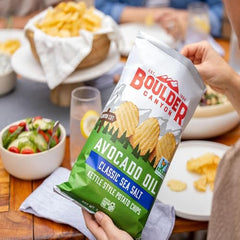 Boulder Canyon chips closeup – golden crunch with avocado oil sheen