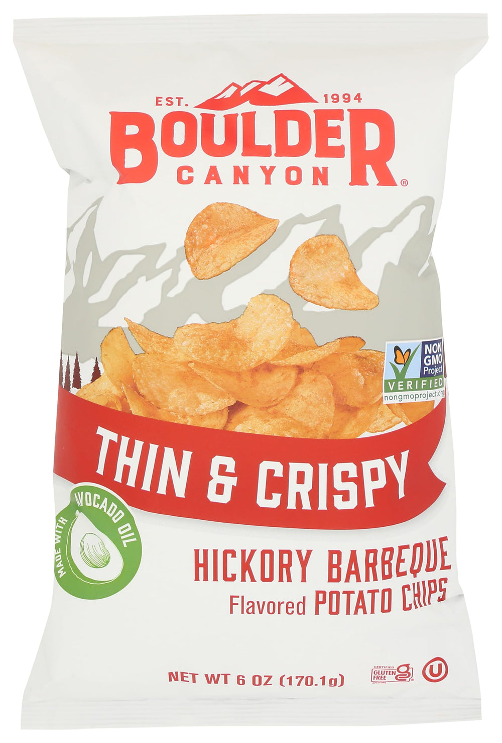 Boulder Canyon Thin Crsp Hkry BBQ chips in a resealable bag for easy snacking.
