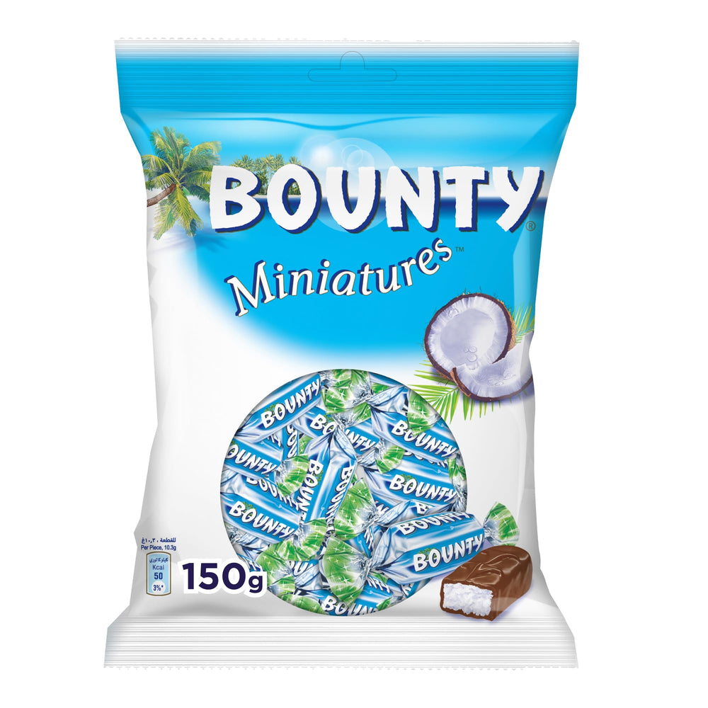 Bounty 1 Miniatures package front showing indulgent coconut chocolate for a quick snack