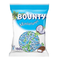 Bounty 1 Miniatures package front showing indulgent coconut chocolate for a quick snack