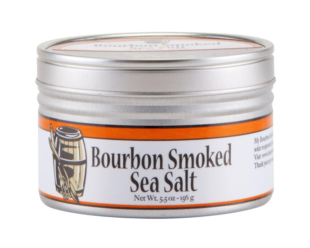 Bourbon Barrel Foods bourbon smoked sea salt crystals close-up on a spoon showing smoky texture