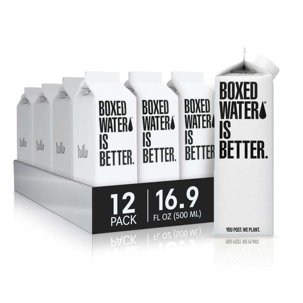 Boxed Water 16.9 oz carton front view, ideal for lunchbox hydration.