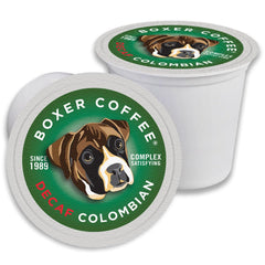 Boxer Coffee 52-count decaf Colombian box for eco-friendly bulk buying.
