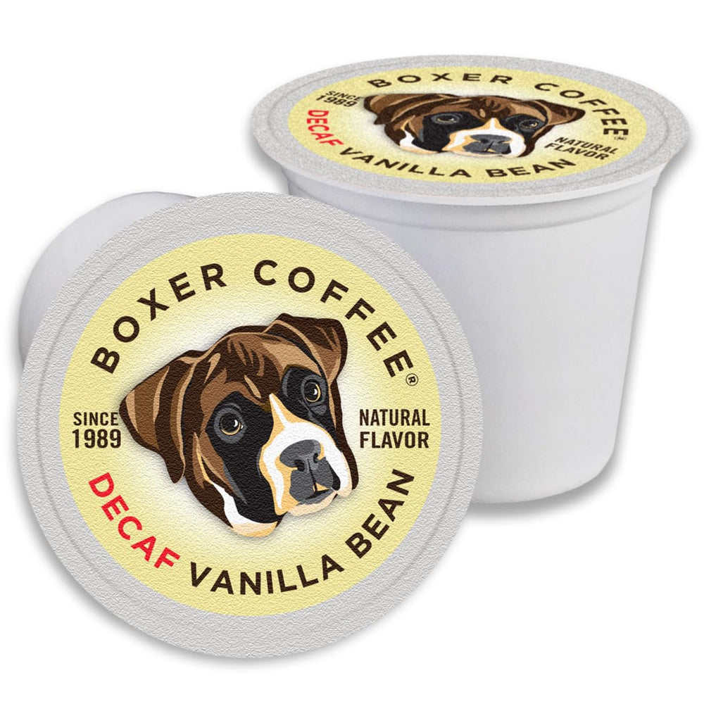 Boxer Coffee Swiss Water Decaf Vanilla pods in box offer caffeine-free mornings.