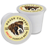Boxer Coffee Swiss Water Decaf Vanilla pods in box offer caffeine-free mornings.