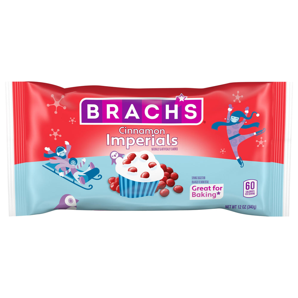 Brach's Cinnamon Imperials jar front view, ideal for holiday snacking and baking inspiration.