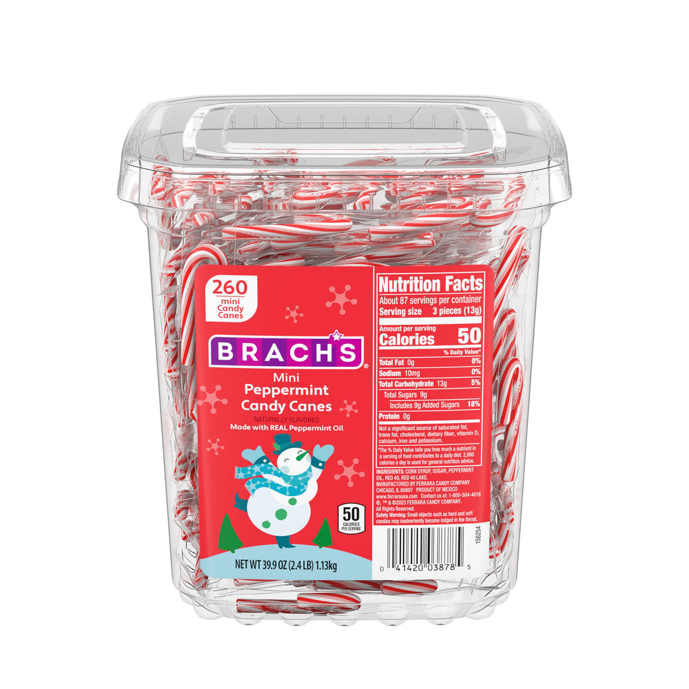 Brach's mini peppermint canes in a tub, ideal for sharing at gatherings.