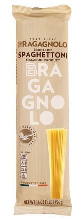 Bragagnolo Spaghettoni 805 bronze-drawn pasta packaging highlights authentic Italian craft.