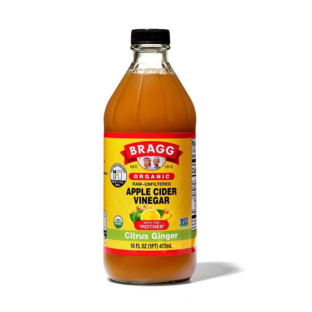 Bragg ACV Citrus Ginger bottle, raw and unfiltered, supports daily wellness with citrus zest