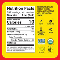 Close-up of Bragg Coconut Aminos label, highlighting organic and non-GMO credentials.