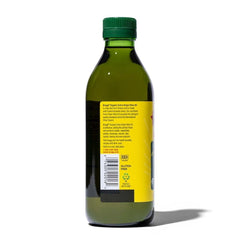 Bragg label closeup highlights organic, first cold pressed quality and purity.