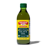 Bragg Organic Extra Virgin Olive Oil bottle delivers rich flavor for salads and sautés.