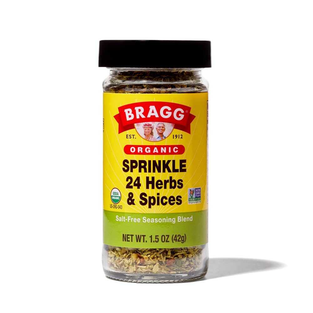 Bragg Organic Sprinkle Seasoning jar showing the 24 herb blend for versatile cooking