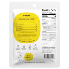 BRAMI Lupini Beans Snack open bag reveals glossy beans seasoned with garlic rosemary.