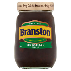 Branston Original Pickle 360g pack front view, ideal for sandwich enhancement.