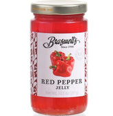 Braswell's red pepper jelly jar close-up, ideal as a breakfast spread.