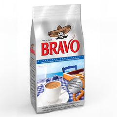 Bravo Classic Greek Coffee 454g label on the tin, ideal for home brews.