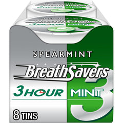 Breath Savers spearmint tins closeup showing refreshing mint flavor and compact portability.