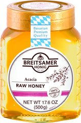 Breitsamer Acacia Raw Honey jar close-up—smooth pour for tea and toast.