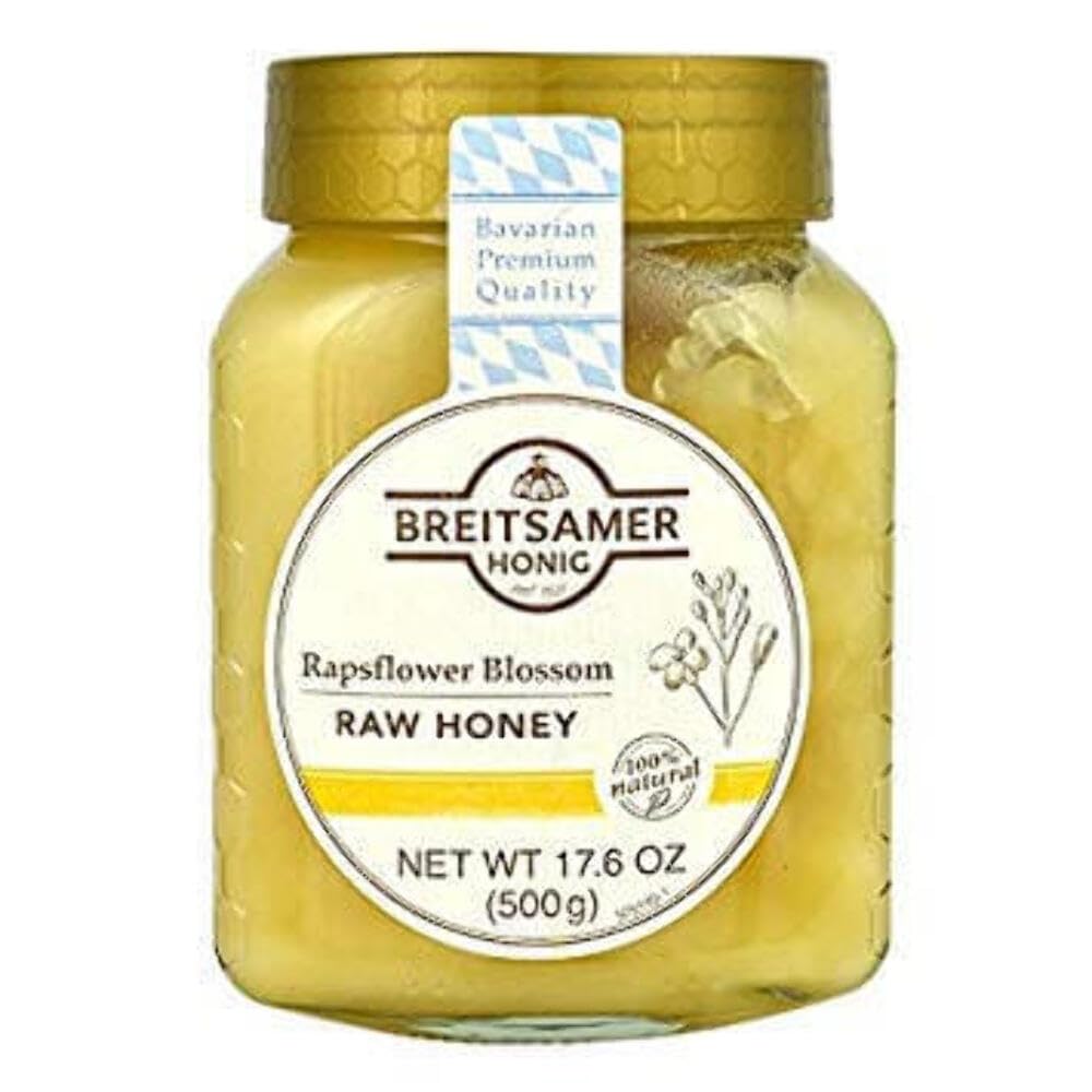 Breitsamer Creamy Rapsflower honey jar with smooth texture, ideal for spreading on toast.