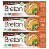 Breton gluten free flax sea salt crackers, front view for snacking.
