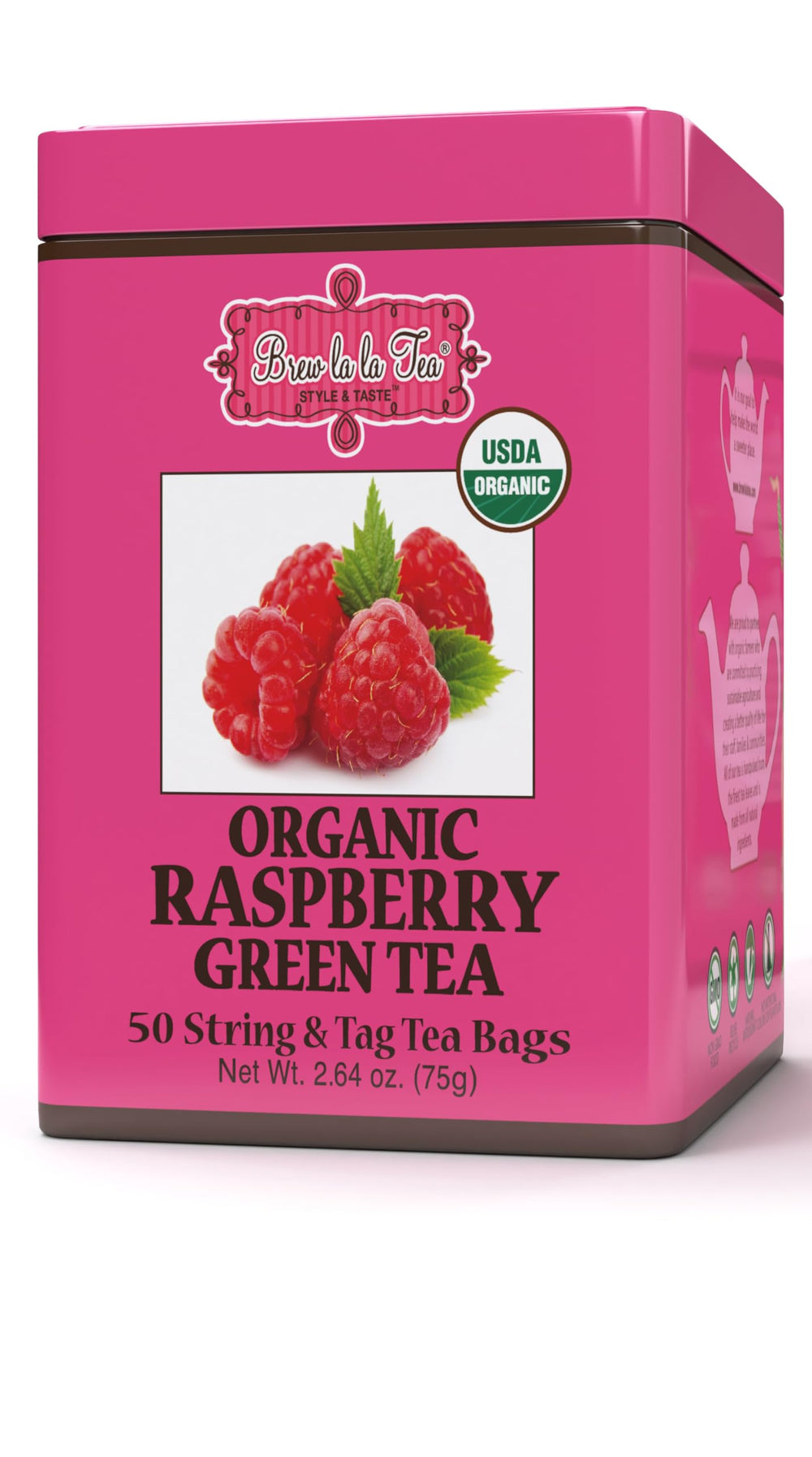 Brew La La Organic Green Tea Raspberry flavor tin offers a fresh aroma for daily enjoyment.