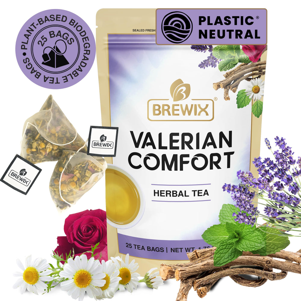 BREWIX Valerian Comfort Tea pyramid bags ready to brew for a calm evening