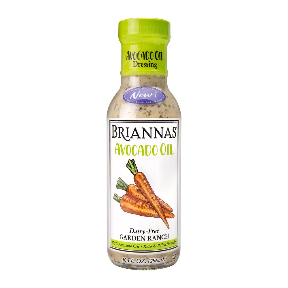 BRIANNAS Avocado Oil Garden Ranch bottle shows creamy, dairy-free dressing for veggies