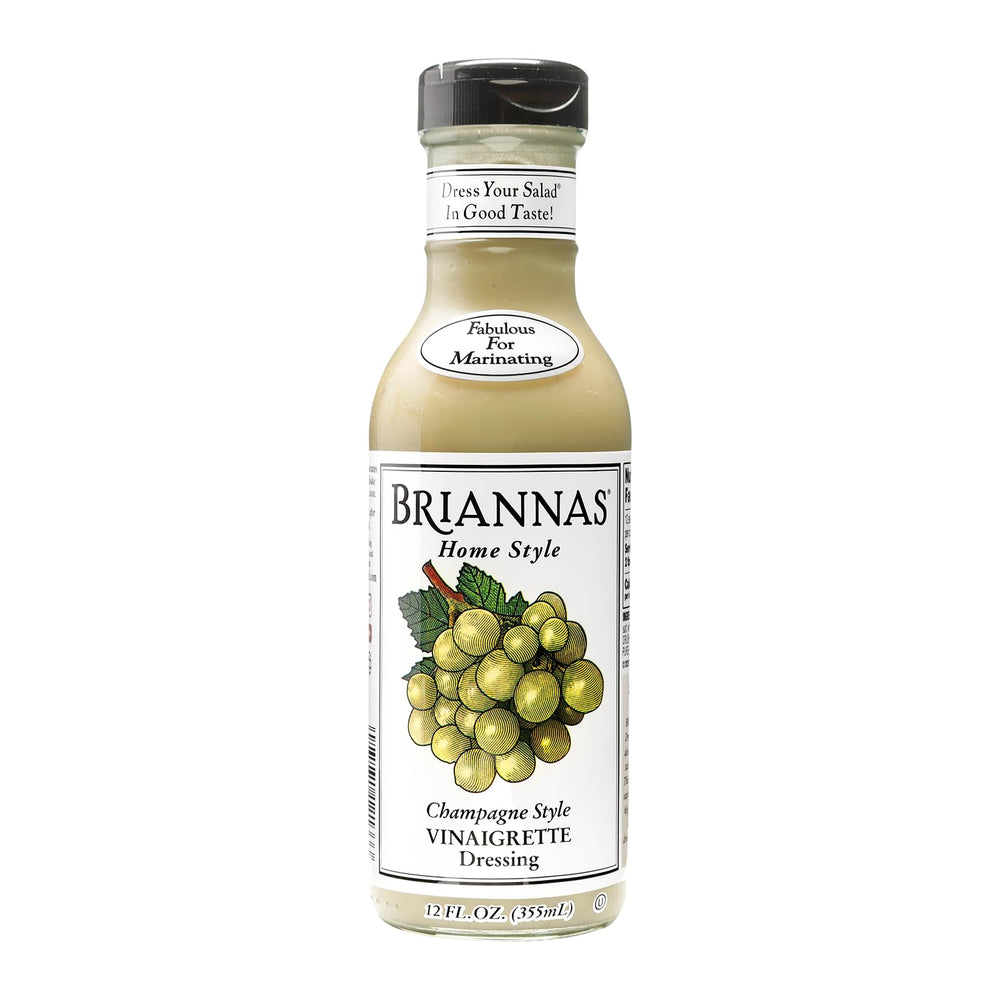 BRIANNAS Champagne Vinaigrette bottle sits on the counter, ready to elevate salads.