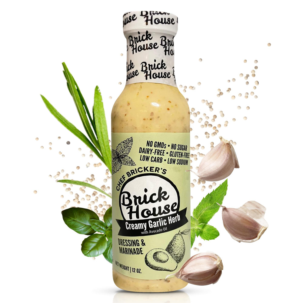 Brick House Creamy Garlic Herb Vinaigrette bottle front, dairy-free and keto-friendly dressing option.