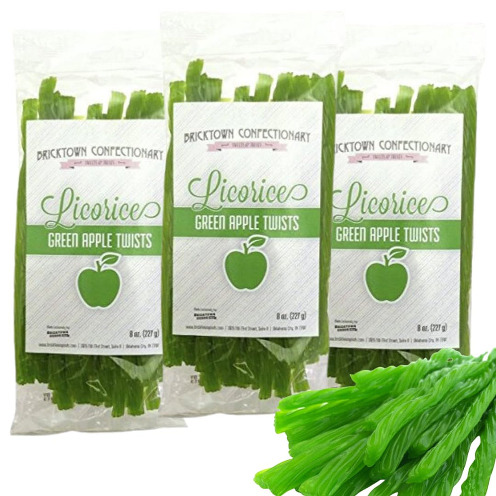 Bricktown Goods Green Apple Licorice Twists with fruity aroma and soft texture, ideal for sharing.