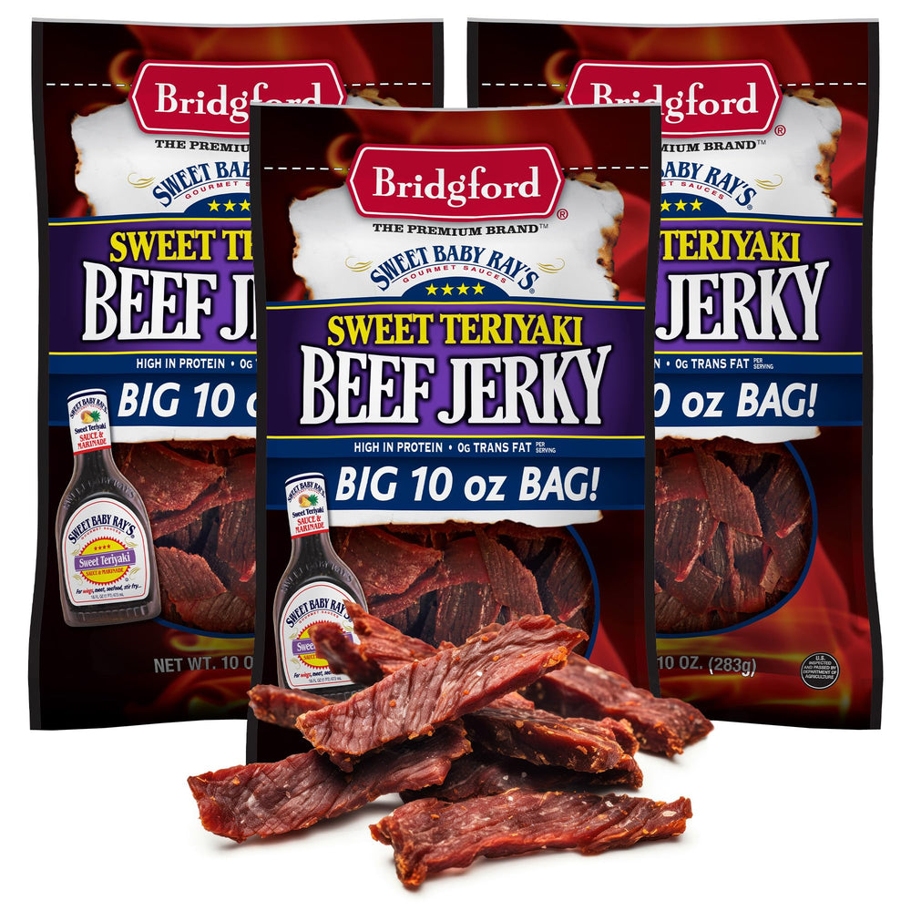 Bridgford Sweet Baby Ray's beef jerky 3-pack box for on-the-go snacking