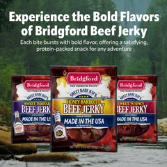 Bridgford jerky with Sweet Baby Ray’s signature spice delivering authentic barbecue flavor.