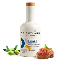 Brightland Alive olive oil bottle front view, ideal for vibrant salads.