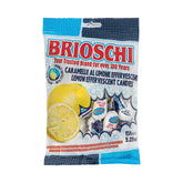 Brioschi lemon candy retail bag with fizz center, refreshing after meals.