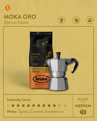 Bristot Moka Oro ground coffee cup crema shows full-bodied Italian espresso texture