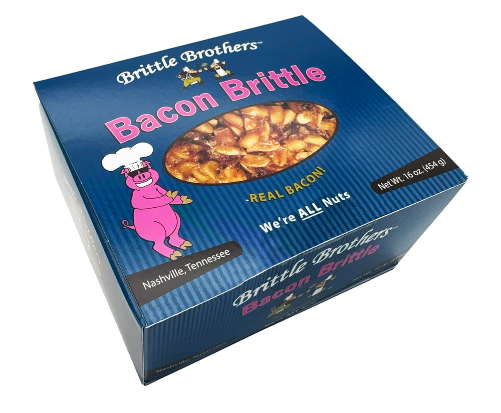 Brittle Brothers Bacon Peanut Brittle box offers premium gift-ready presentation.