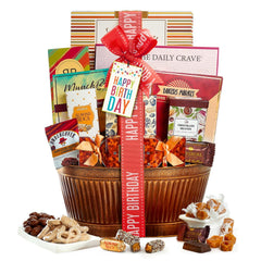 Broadway Basketeers birthday gift basket packaging with festive ribbon ready to gift