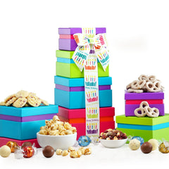 Broadway Basketeers birthday gift tower packaging for premium gifting
