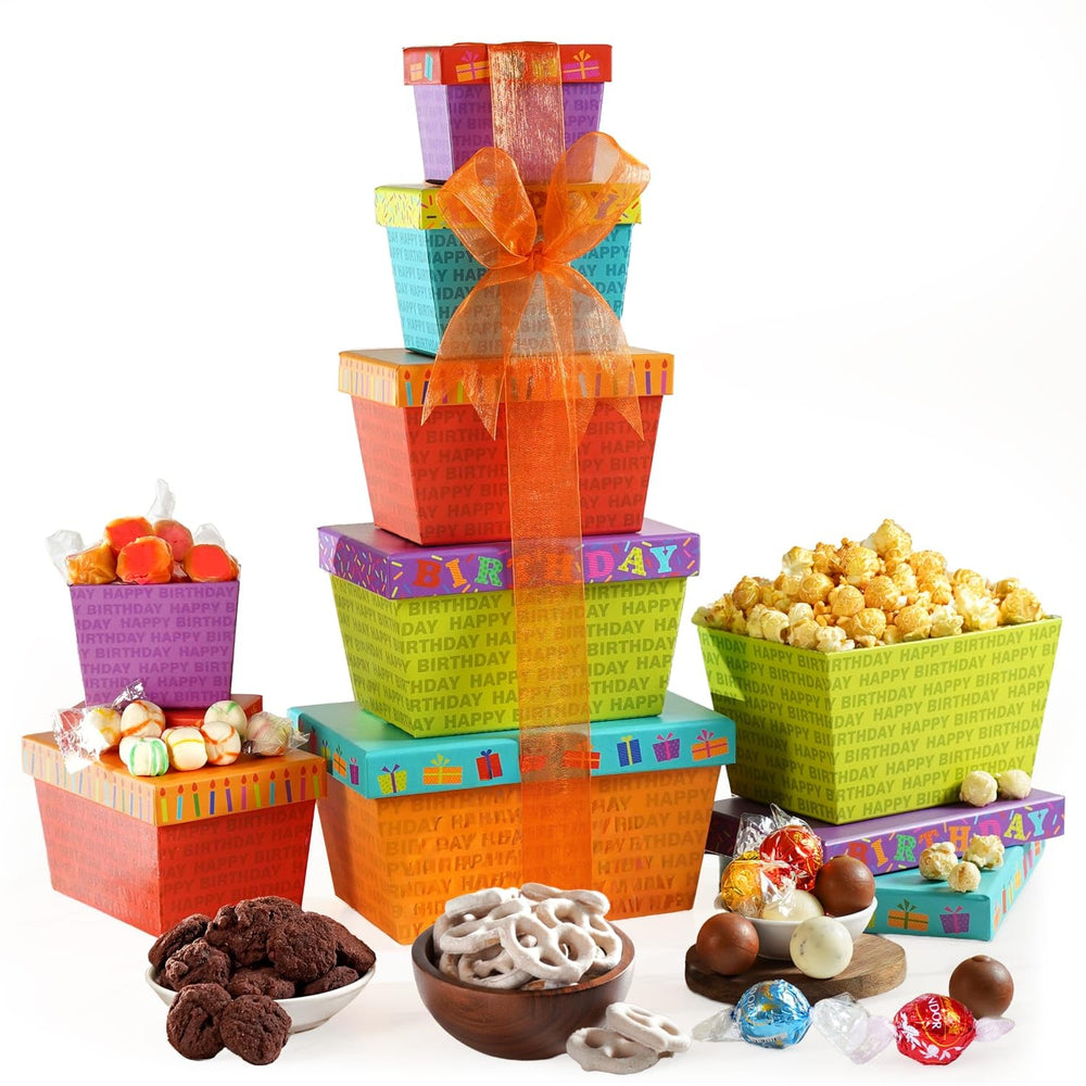 Broadway Basketeers Birthday Gift Tower presentation ready for gifting and celebrations.